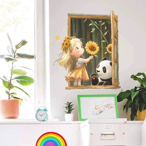 Adhesivo de Pared de Ventana Falsa 3D Panda de Dibujos Animados Niña Girasol PVC Mural Autoadhesivo Para Habitación de Niños Salón
