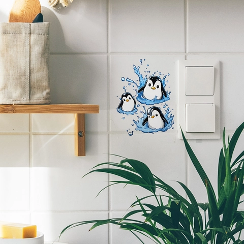 Cute Cartoon Penguin Water Splash Wall Stickers For Bedroom Living Room PVC Decorative Switch Stickers Home Background Decor