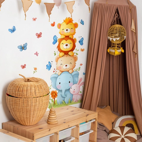 Cartoon Animal Stacking Wall Stickers PVC Elephant Bear Lion Rabbit DIY Self-Adhesive Decals For Kids Nursery Room Decor
