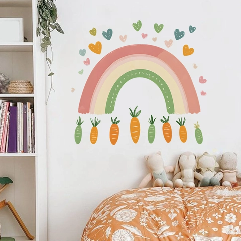Cartoon Rainbow Heart Carrot Wall Stickers PVC Self-Adhesive Morandi Color Kids Room Nursery Bedroom Aesthetic Wall Decals