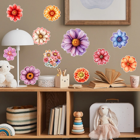 Bunte Blumen Wandaufkleber PVC Floral Decals Für Schlafzimmer Wohnzimmer Kleiderschrank Home Decor Modern Minimalistisch DIY Wandtattoo