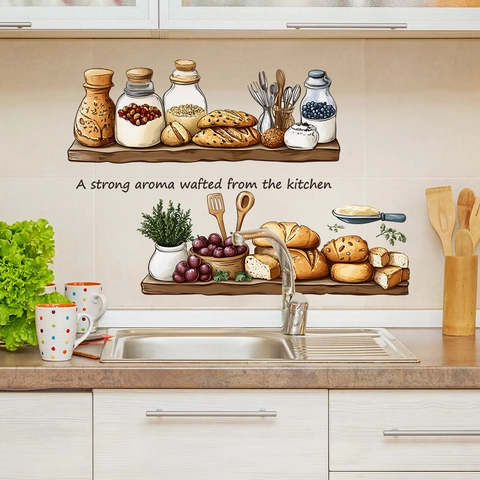Hand Painted Bread Fruit Food Kitchen Wall Sticker PVC Self Adhesive Decorative Wall Decal For Home Dining Room Decor