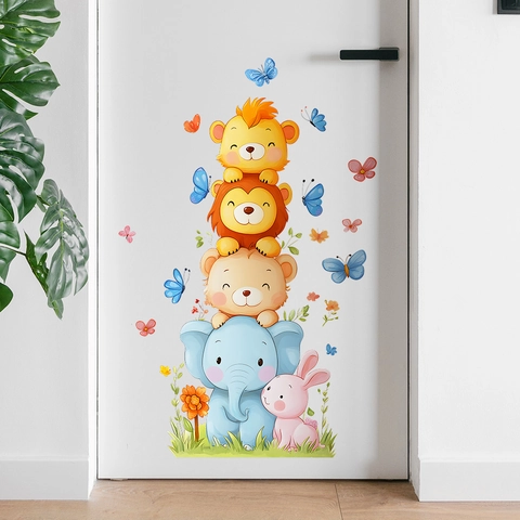 Cartoon Animal Stacking Wall Stickers PVC Elephant Bear Lion Rabbit DIY Self-Adhesive Decals For Kids Nursery Room Decor