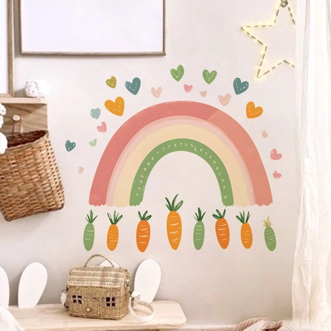 Cartoon Rainbow Heart Carrot Wall Stickers PVC Self-Adhesive Morandi Color Kids Room Nursery Bedroom Aesthetic Wall Decals