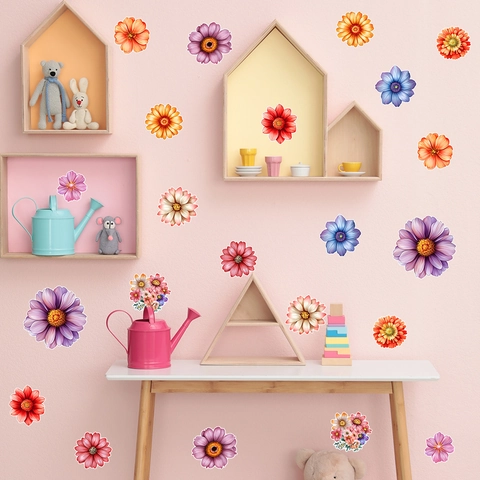 Bunte Blumen Wandaufkleber PVC Floral Decals Für Schlafzimmer Wohnzimmer Kleiderschrank Home Decor Modern Minimalistisch DIY Wandtattoo