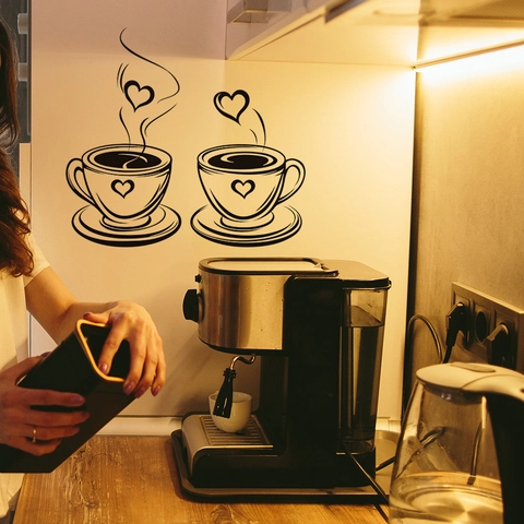 Minimalist Coffee Cup Heart Wall Sticker PVC Self Adhesive DIY Decal For Cafe Kitchen Dining Room Restaurant Home Decor Art