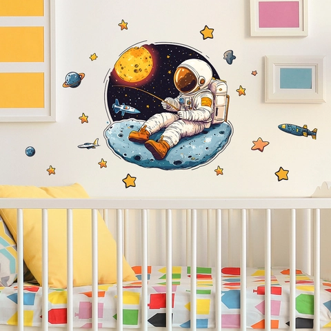 Cartoon Astronaut Space Wall Sticker Planet Rocket Star PVC Self Adhesive Wall Decal For Kids Bedroom Living Room Home Decor