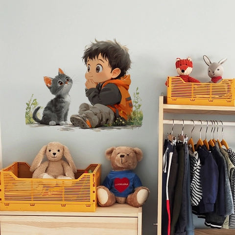 Adesivo da Parete Cartoon Ragazzo E Gatto PVC Autoadesivo Murale per Camera dei Bambini Stanza da Letto Decorazione Casa