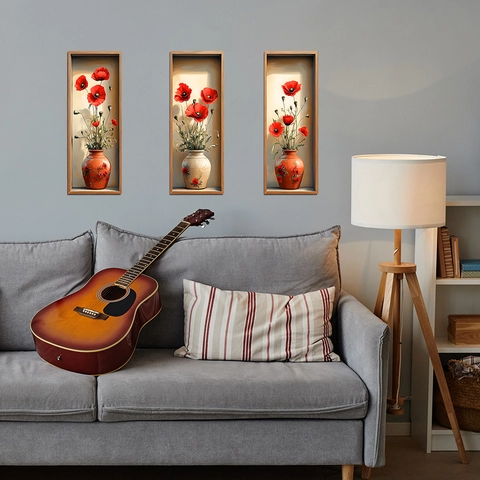 Adesivi Murali Vaso Fiori Papavero Simulazione 3D in PVC Autoadesivi per Soggiorno Camera da Letto Decorazione Parete Casa