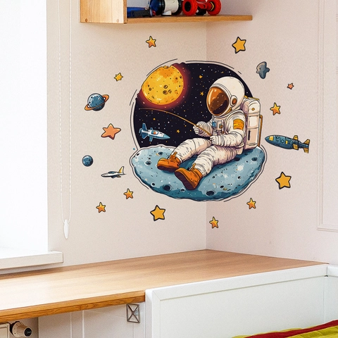 Cartoon Astronaut Space Wall Sticker Planet Rocket Star PVC Self Adhesive Wall Decal For Kids Bedroom Living Room Home Decor