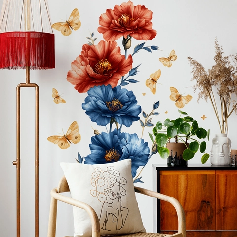 Pegatina de Pared de PVC con Flor de Peonía y Mariposa Calcomanía Floral Artística Moderna Para Decoración del Hogar