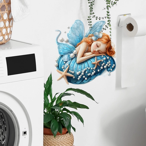 Cartoon Girl In Shell With Pearl Butterfly Waterproof PVC Toilet Sticker Decorative Wall Art Decal For Bathroom Home Decor