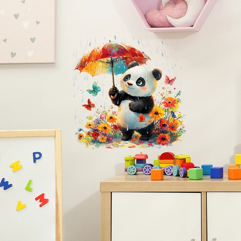 Watercolor Cute Panda With Rainbow Umbrella Wall Sticker Cartoon Animal Flower DIY Vinyl Wall Decal For Kids Nursery Room Decor