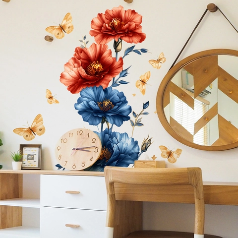 Pegatina de Pared de PVC con Flor de Peonía y Mariposa Calcomanía Floral Artística Moderna Para Decoración del Hogar