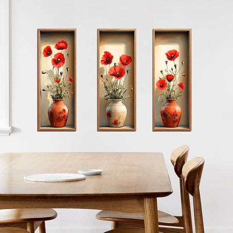 Adesivi Murali Vaso Fiori Papavero Simulazione 3D in PVC Autoadesivi per Soggiorno Camera da Letto Decorazione Parete Casa