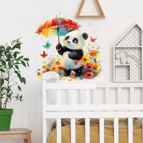 Watercolor Cute Panda With Rainbow Umbrella Wall Sticker Cartoon Animal Flower DIY Vinyl Wall Decal For Kids Nursery Room Decor