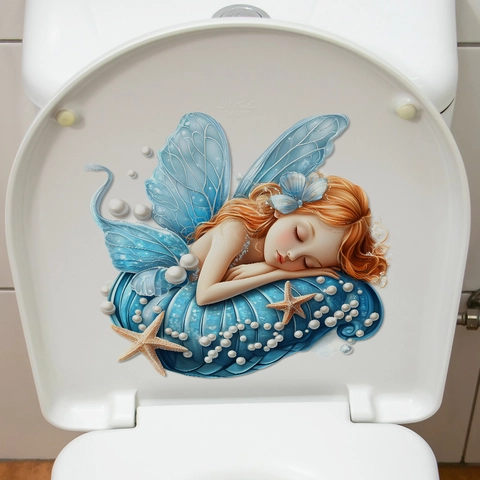 Cartoon Girl In Shell With Pearl Butterfly Waterproof PVC Toilet Sticker Decorative Wall Art Decal For Bathroom Home Decor