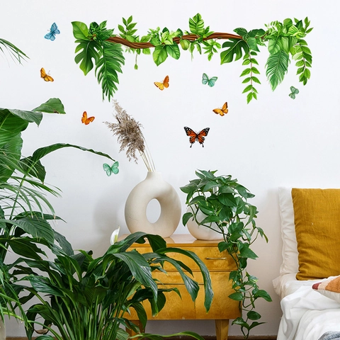 Adesivi Murali con Viti di Piante Verdi Tropicali e Farfalle Colorate in PVC Autoadesivi Rimovibili per Soggiorno Camera da Letto Casa