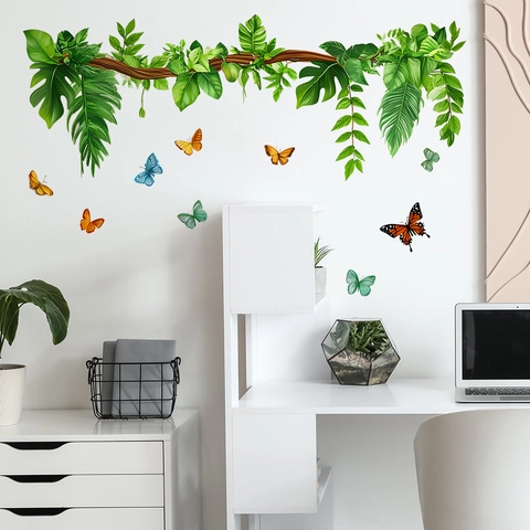 Adesivi Murali con Viti di Piante Verdi Tropicali e Farfalle Colorate in PVC Autoadesivi Rimovibili per Soggiorno Camera da Letto Casa