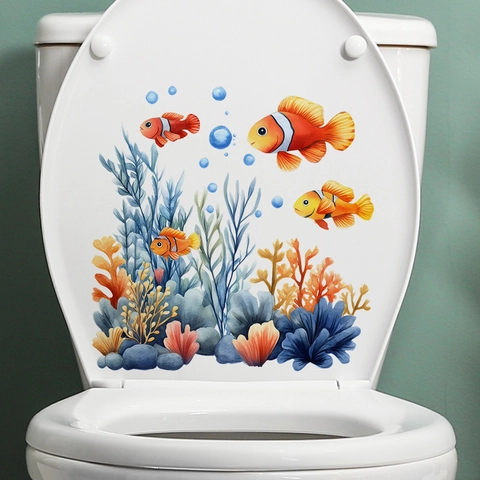 Pegatinas para Inodoro de Baño Mundo Submarino Coral Algas Pez Payaso PVC Impermeable Autoadhesivo Decoración de Tapa de WC Murales