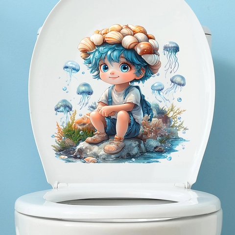 Süßer Cartoon Junge Qualle Seegras Toilettenaufkleber Wasserdicht PVC Badezimmer Deko Selbstklebend Wandtattoo Für Hausdekoration