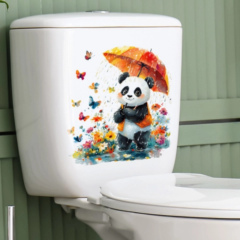 Adesivo per WC Panda Acquerello Con Ombrello Motivo Floreale Farfalla Impermeabile PVC Decalcomania da Muro per Bagno Decorazione Casa