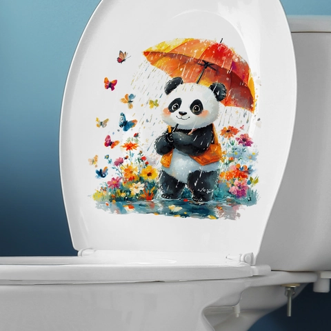 Adesivo per WC Panda Acquerello Con Ombrello Motivo Floreale Farfalla Impermeabile PVC Decalcomania da Muro per Bagno Decorazione Casa