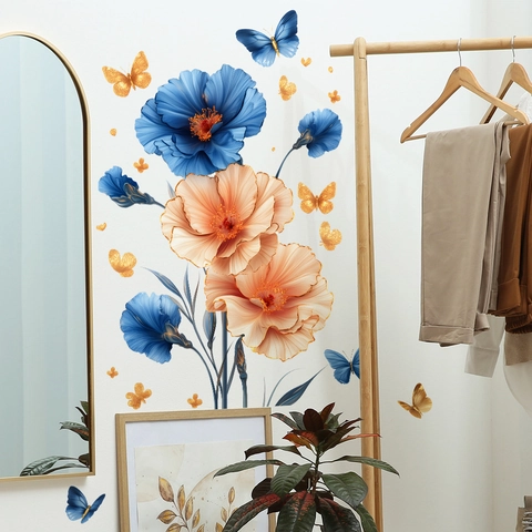 Adesivi Murali Dipinti con Fiori di Papavero e Farfalle in PVC Autoadesivi per Camera da Letto Soggiorno Bagno Decalcomanie Casa Moderna