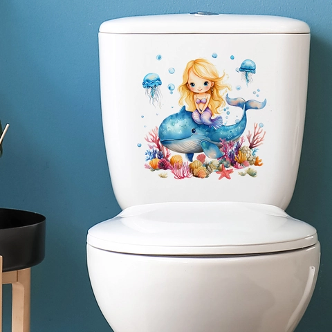 Cartoon Mermaid Whale Toilet Lid Sticker Waterproof PVC Marine Life Coral Bathroom Wall Decal For Toilet Decoration