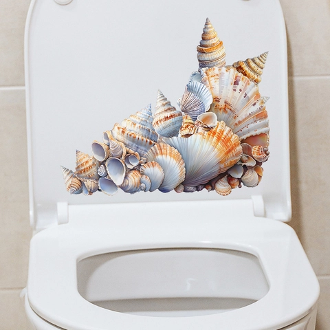 Pegatina de Inodoro con Diseño de Conchas Marinas en 3D de PVC Removible Impermeable Calcomanía de Baño Decoración Pared