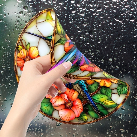 Buntglas-Stil Kolibri Blume Fensteraufkleber Statische Adsorption PVC Rund Dekorativ Glasaufkleber Für Wohnzimmer Zuhause