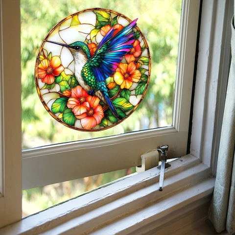 Buntglas-Stil Kolibri Blume Fensteraufkleber Statische Adsorption PVC Rund Dekorativ Glasaufkleber Für Wohnzimmer Zuhause