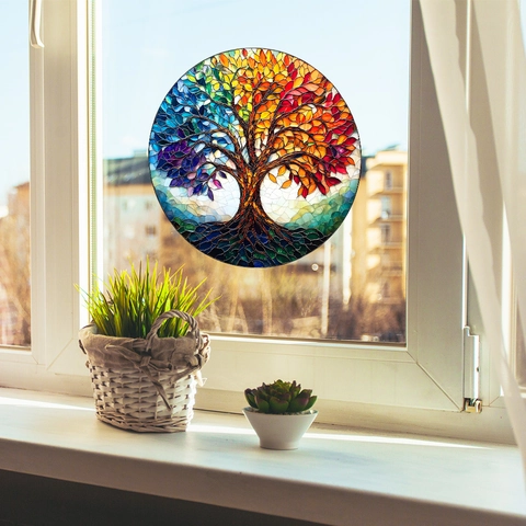 Lebensbaum Fensteraufkleber Statische Haftung Buntglas Mosaik Effekt UV-Druck PVC Glasaufkleber Für Wohnkultur Wohnzimmer