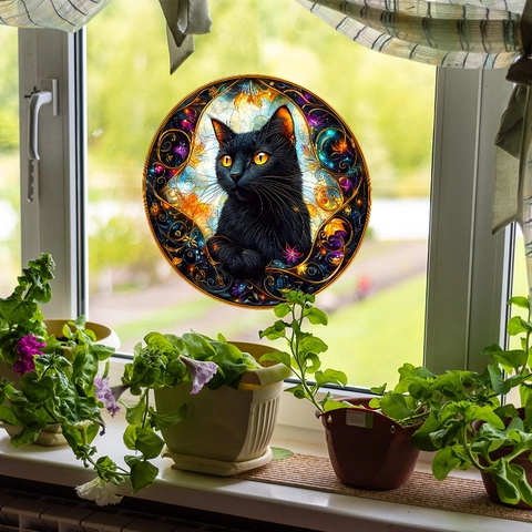 Stained Glass Style Black Cat Window Sticker Decorative Static Cling UV Printed Round PVC Decal For Home Living Room Bedroom Art Ornament