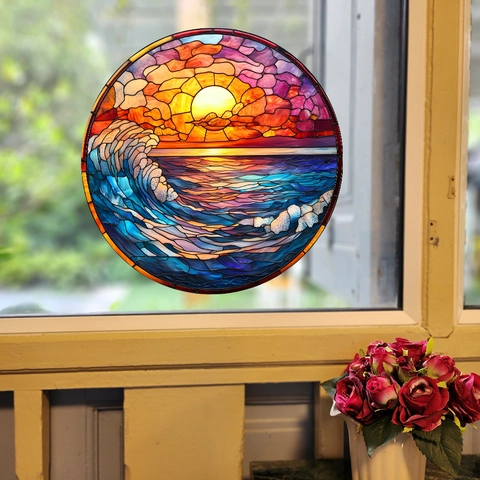 Round Stained Glass Style Static Cling Window Sticker Sunset Ocean Wave Decorative Vinyl Decal For Home Glass Door Window