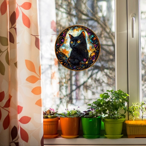 Stained Glass Style Black Cat Window Sticker Decorative Static Cling UV Printed Round PVC Decal For Home Living Room Bedroom Art Ornament