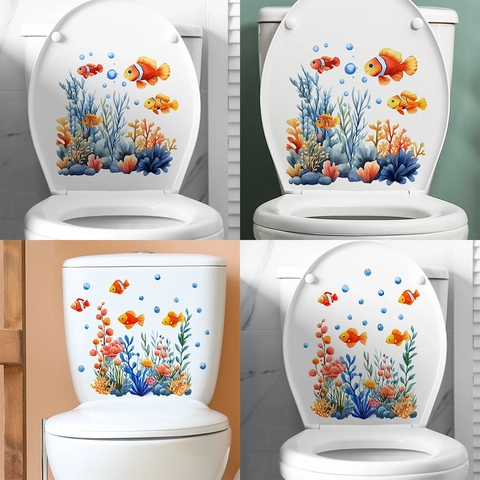 Pegatinas para Inodoro de Baño Mundo Submarino Coral Algas Pez Payaso PVC Impermeable Autoadhesivo Decoración de Tapa de WC Murales