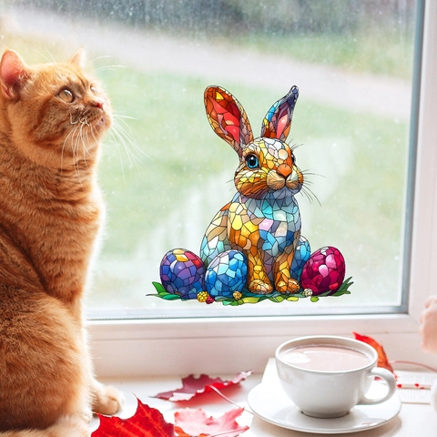 Pegatina de Ventana Conejo de Pascua Estilo Vitral Adherencia Estática PVC Reutilizable Para Decoración de Cristal Hogar