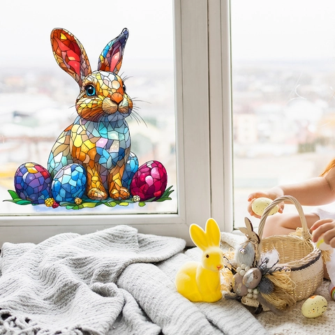 Pegatina de Ventana Conejo de Pascua Estilo Vitral Adherencia Estática PVC Reutilizable Para Decoración de Cristal Hogar