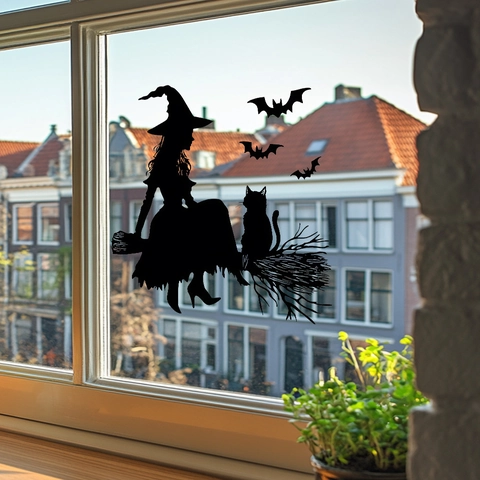 Halloween Heks Vleermuis Zwart Silhouette Statische Hechting Venstersticker UV Gedrukt Herbruikbare Glas Sticker Feest Decoratie