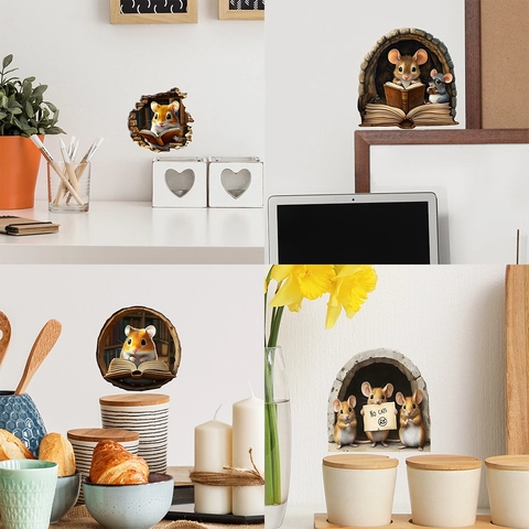 3D Visueller Effekt Mausloch Wandaufkleber Kreative Cartoon Hamster Mäuse Lesen Bücher DIY Dekorative PVC Aufkleber Für Haus Wand