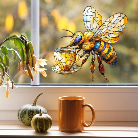 Buntglas-Stil Biene Fensterfolie Statisch Haftender PVC-Aufkleber Hummel Mit Kaffeetasse Dekoratives Wandtattoo Für Glasfenster