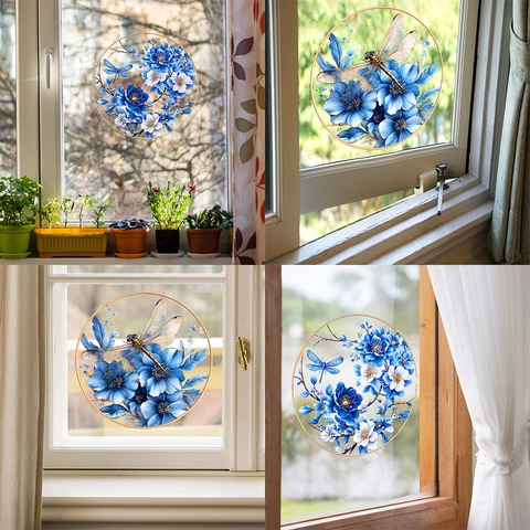 Künstlerische Gemalte Blaue Blume Und Libelle Runde Fensteraufkleber Statische Haftung UV Glasfolie Für Haus Balkon Dekoration