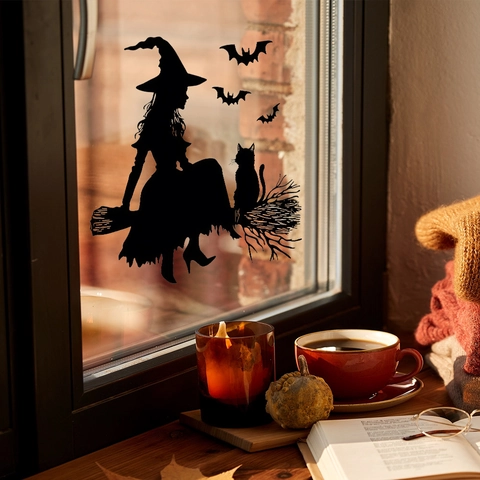 Halloween Heks Vleermuis Zwart Silhouette Statische Hechting Venstersticker UV Gedrukt Herbruikbare Glas Sticker Feest Decoratie