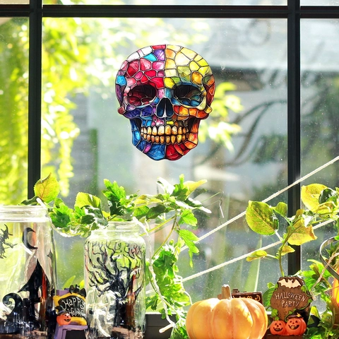 Kleurrijke Mozaïek Schedel Venstersticker Regenboog Suncatcher Statische PVC Sticker Voor Halloween Glas Decoratie