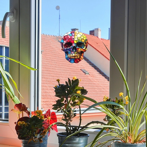 Kleurrijke Mozaïek Schedel Venstersticker Regenboog Suncatcher Statische PVC Sticker Voor Halloween Glas Decoratie