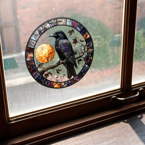 Pegatina de Ventana Halloween Cuervo Estilo Vitral UV Estática Luna Gótico Arte PVC Decoración para Hogar