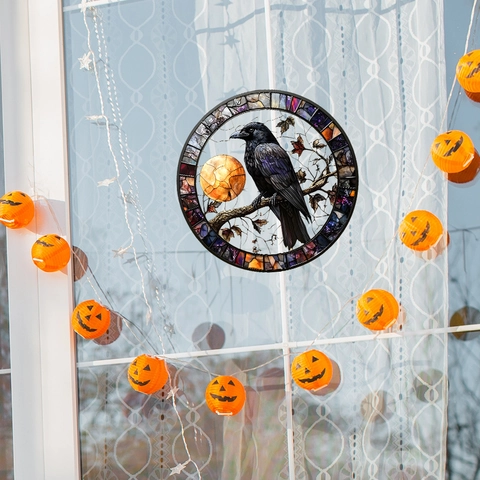 Pegatina de Ventana Halloween Cuervo Estilo Vitral UV Estática Luna Gótico Arte PVC Decoración para Hogar