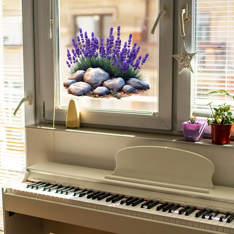Película Estática Vinilo para Ventana PVC Patrón Lavanda Flor Roca Película Decorativa para Vidrio Hogar Balcón Sala Decoración