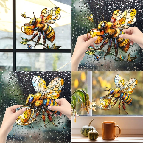 Buntglas-Stil Biene Fensterfolie Statisch Haftender PVC-Aufkleber Hummel Mit Kaffeetasse Dekoratives Wandtattoo Für Glasfenster